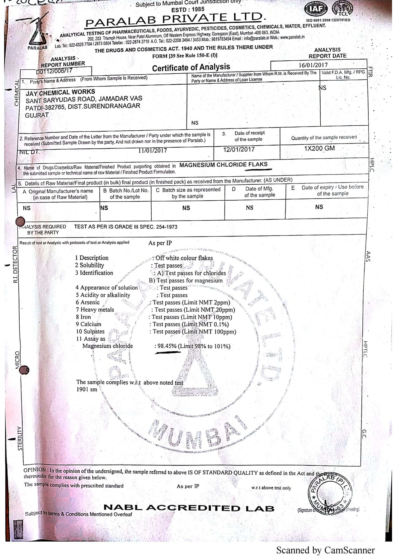 Purity analysis certificate